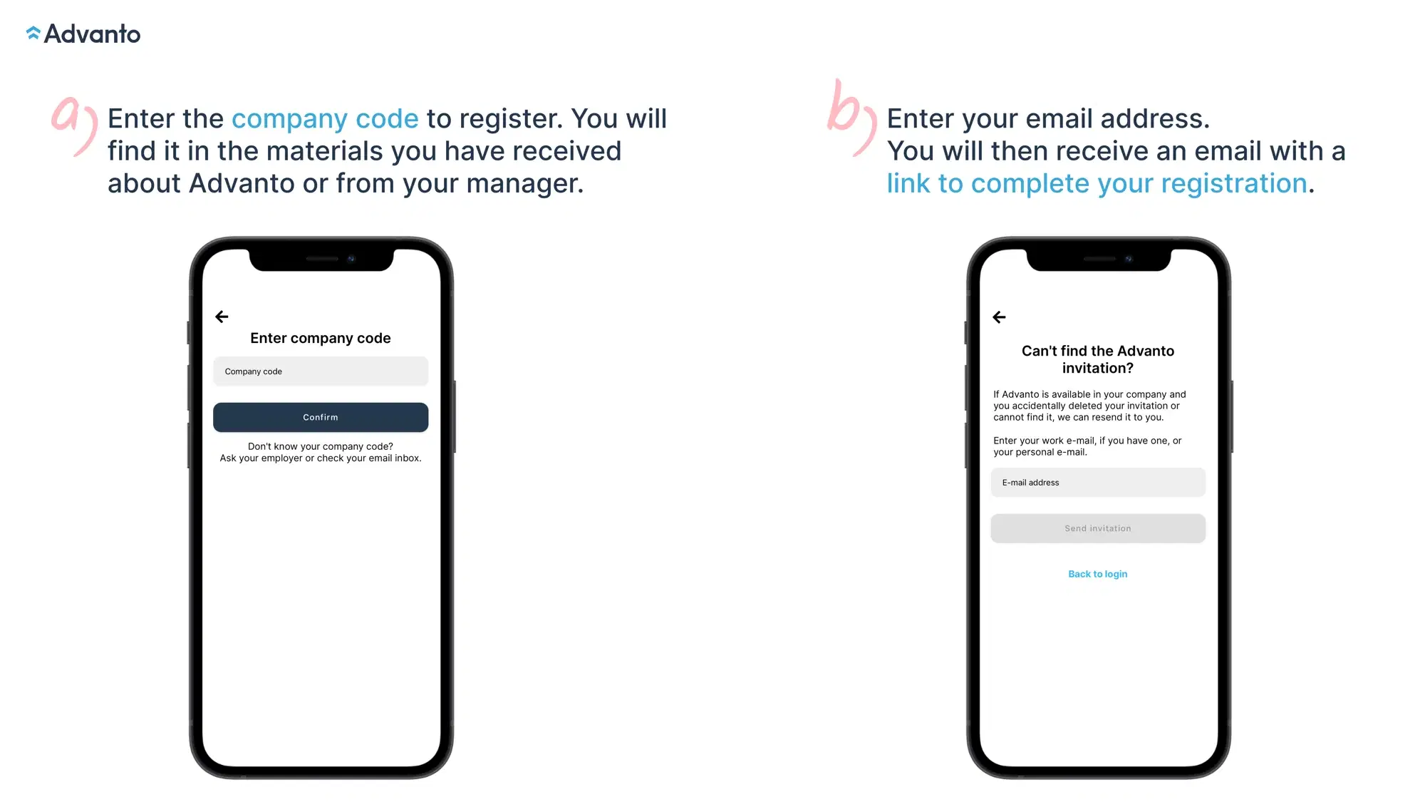 Signing up to Advanto with the company code or the registration email